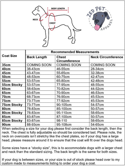 Size chart for dog coats with sizes from 34cm to 85cm